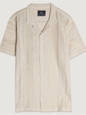 Men's Cream Short-Sleeve Crochet Button-Up Shirt
